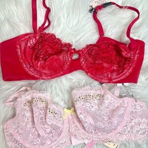 NWT Victoria's Secret Bold Red and Soft Pink Lace Bras Bundle